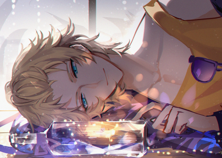 1boy absurdres aqua_eyes backlighting bangs_pinned_back blonde_hair bottle closed_mouth collarbone eyewear_hang hand_up highres kazenemuri lars_rorschach lens_flare looking_at_object lovebrush_chronicles lying male_focus on_side purple_ribbon ribbon short_hair sideways_glance smile solo string_of_light_bulbs sunglasses tank_top unworn_eyewear upper_body yellow_tank_top