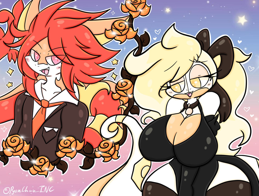 anthro big_breasts blonde_hair breasts clothing dress duo female flower generation_3_pokemon generation_5_pokemon gwendolynn_(lewdchuu) hair hi_res lewdchuu_(artist) male nintendo pink_eyes plant pokemon pokemon_(species) red_hair serperior seviper suit tail white_body yellow_eyes