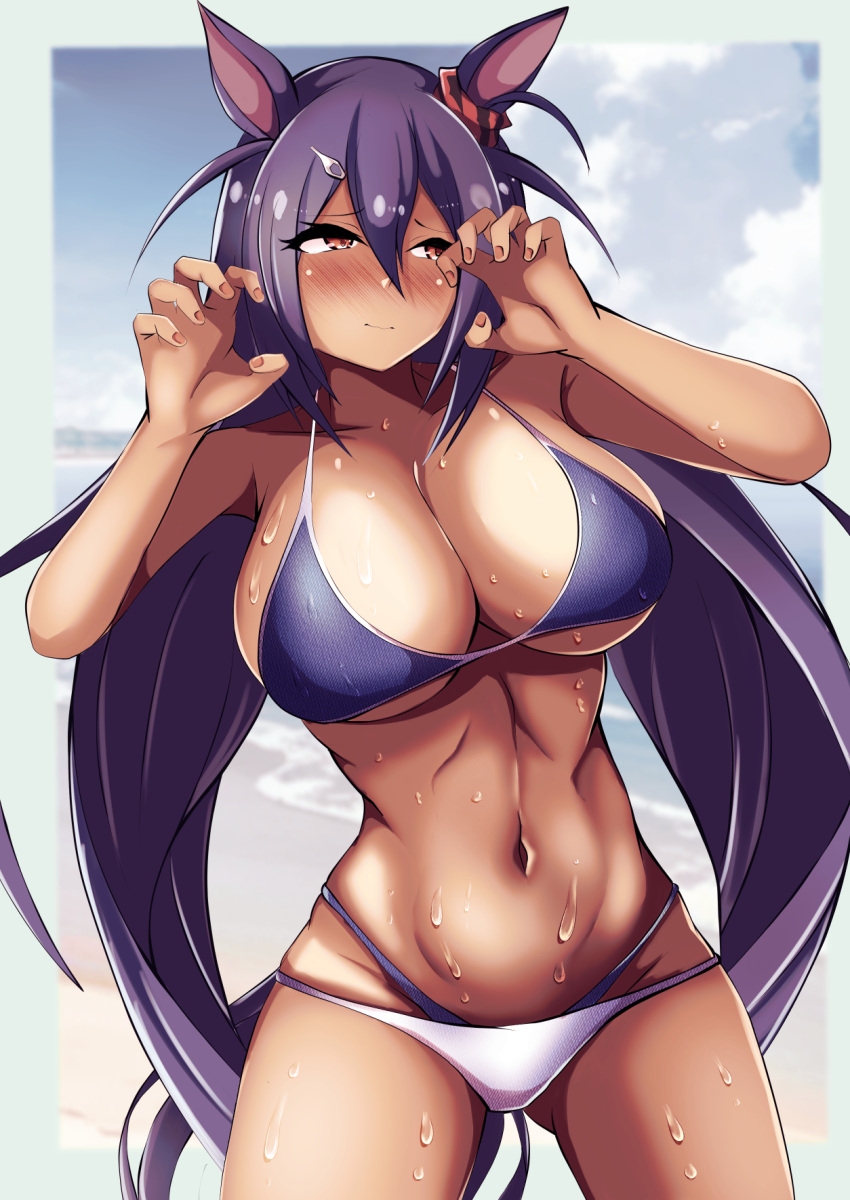 1025ridoru 1girl animal_ears beach bikini black_bikini black_hair blue_sky blush breasts claw_pose cleavage closed_mouth cloud cloudy_sky commentary_request cowboy_shot dark-skinned_female dark_skin ear_ornament hair_between_eyes hair_ornament hairclip highres hishi_amazon_(umamusume) horse_ears horse_girl horse_tail large_breasts long_hair looking_to_the_side navel ocean outdoors red_eyes sky solo swimsuit tail umamusume water wet