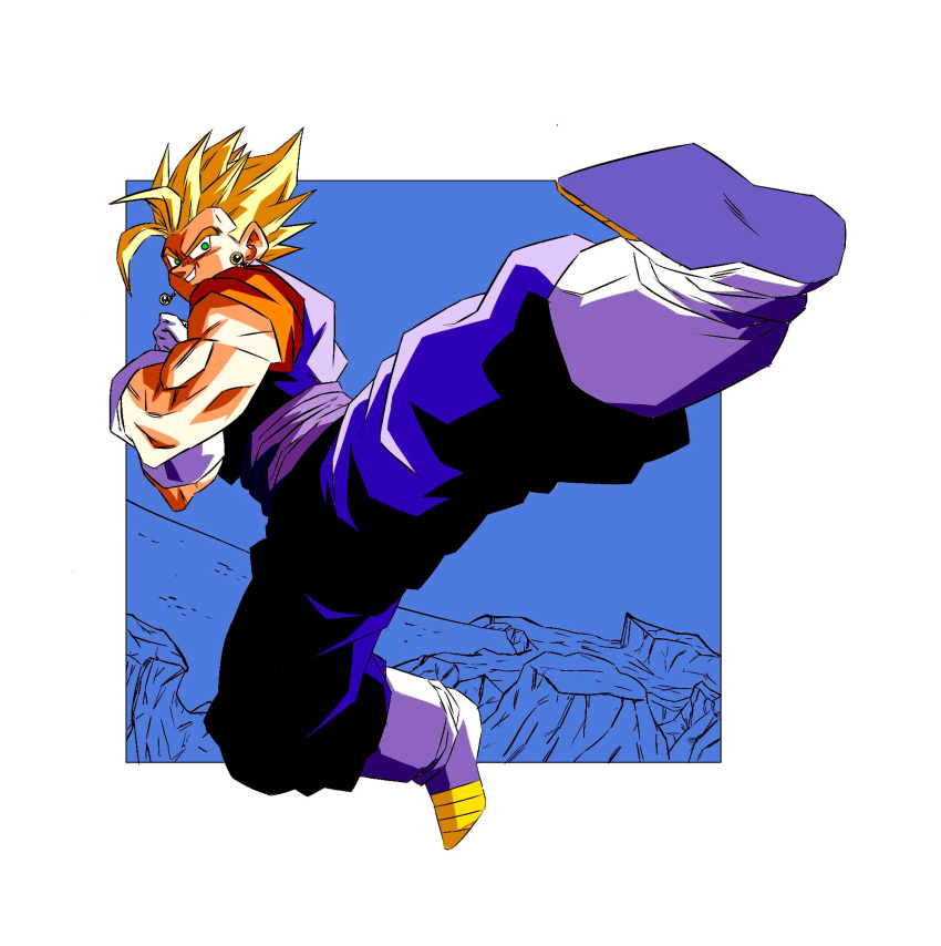 1boy blonde_hair blue_jumpsuit border crossed_arms dragon_ball dragon_ball_z earrings full_body gloves green_eyes highres jewelry jumpsuit kicking looking_at_viewer male_focus muscular muscular_male oharu2000 orange_eyes potara_earrings rock sash smile solo spiked_hair super_saiyan super_saiyan_1 toriyama_akira_(style) vegetto white_border white_gloves