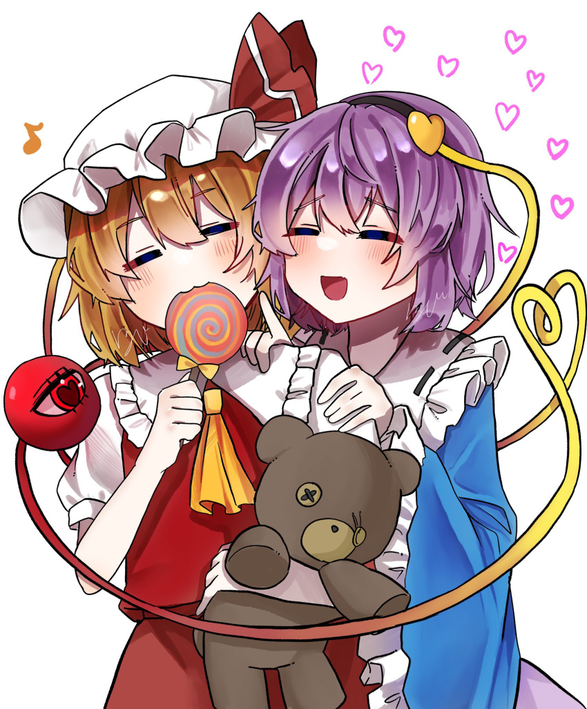2girls :3 :d =_= ascot black_hairband blonde_hair blue_shirt blush candy cheek_poking commentary commission cowboy_shot crossed_bangs double-parted_bangs flandre_scarlet food frilled_sleeves frills hair_between_eyes hair_ornament hairband hand_on_another's_shoulder hand_up happy hat hat_ribbon heads_together heart heart-shaped_pupils heart_hair_ornament heart_of_string highres holding holding_candy holding_food holding_lollipop holding_stuffed_toy hug hug_from_behind index_finger_raised izumi_no_yasushi_aya komeiji_satori lollipop long_sleeves lovestruck mob_cap multiple_girls musical_note open_mouth poking puffy_short_sleeves puffy_sleeves purple_hair red_ribbon red_skirt red_vest ribbon shirt short_hair short_sleeves signature simple_background skirt smile stuffed_animal stuffed_toy swirl_lollipop symbol-shaped_pupils teddy_bear third_eye touhou vest white_background white_headwear white_shirt wide_sleeves yellow_ascot