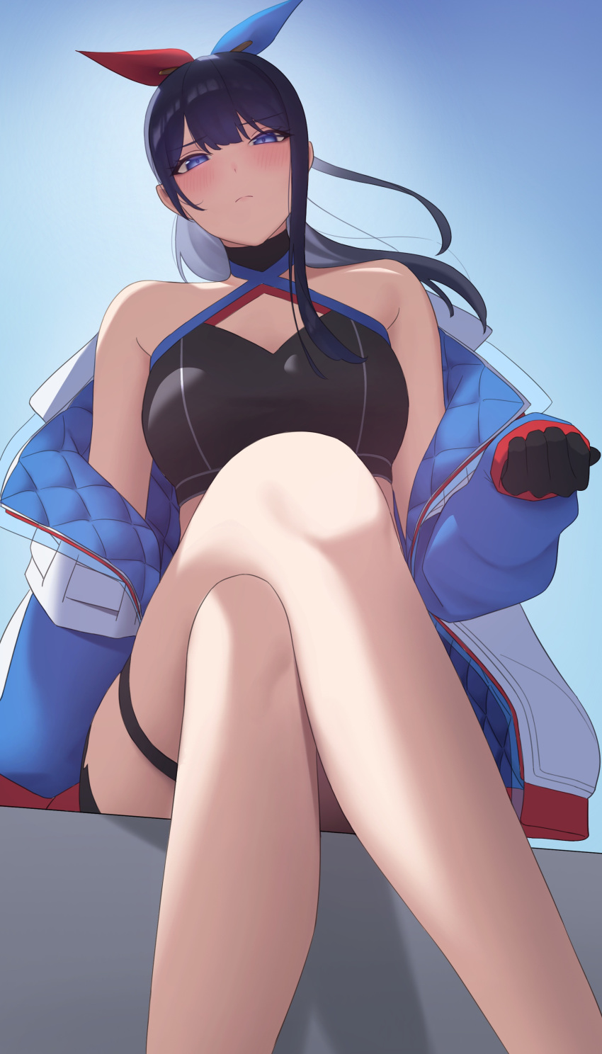 1girl absurdres bare_shoulders black_gloves black_hair black_skirt black_sports_bra blue_background blue_eyes blue_jacket blush breasts closed_mouth commentary criss-cross_halter crossed_legs ero_chi_031 feet_out_of_frame frown gloves gradient_background gridman_universe gridman_universe_(film) hair_ribbon halterneck highres jacket long_hair long_sleeves looking_at_viewer medium_breasts miniskirt multicolored_clothes multicolored_jacket off_shoulder official_alternate_costume open_clothes open_jacket ponytail revision ribbon single_sidelock sitting skirt sports_bra ssss.gridman takarada_rikka thigh_strap thighs two-tone_jacket white_jacket