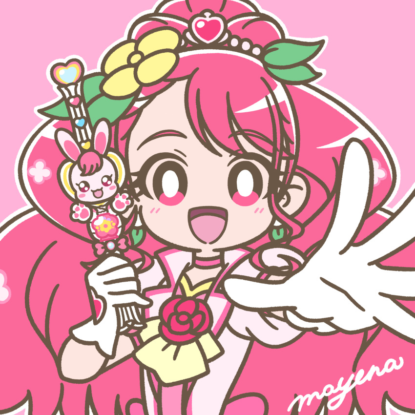 1girl blush bright_pupils choker cure_grace earrings eyelashes flower gloves hair_flower hair_ornament hanadera_nodoka healin'_good_precure healing_animal healing_wand heart heart_wand highres jewelry long_hair looking_at_viewer magical_girl mayena open_mouth outline outstretched_arm pink_background pink_choker pink_eyes pink_hair precure signature simple_background smile solo upper_body wand white_gloves white_outline white_pupils
