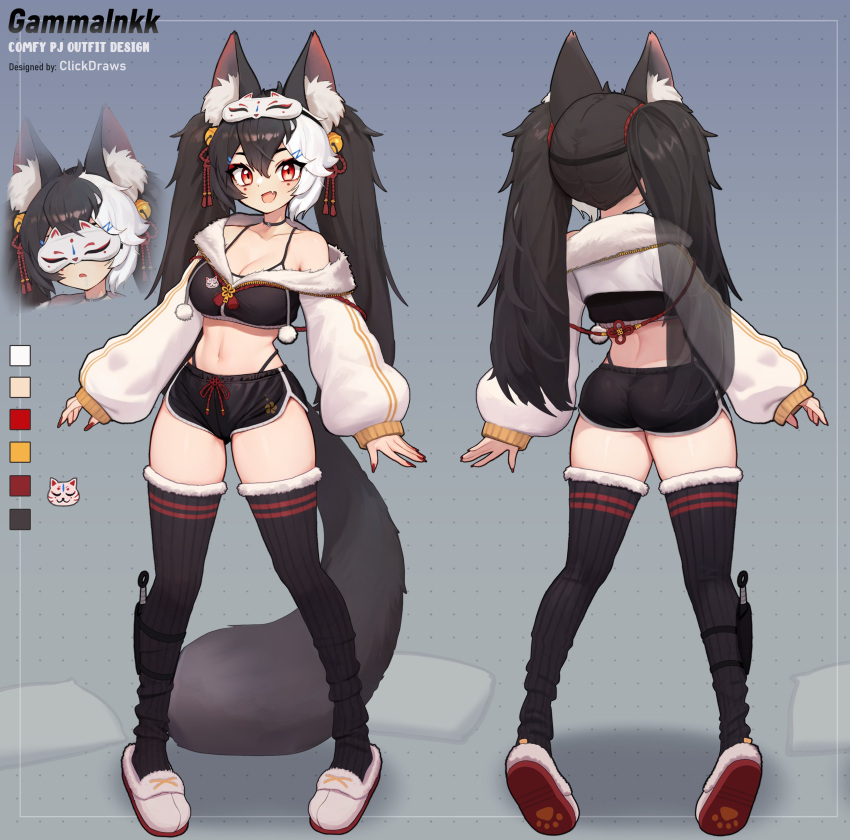 1girl absurdres animal_ear_fluff animal_ears artist_name ass bell bikini black_choker black_hair black_shorts black_thighhighs breasts character_name choker cleavage clickdraws collarbone color_guide cropped_jacket facial_mark fox_ears fox_girl fox_mask fox_tail full_body fur-trimmed_jacket fur-trimmed_legwear fur_trim gammainkk hair_bell hair_ornament highleg highleg_bikini highres indie_virtual_youtuber jacket long_hair mask multicolored_clothes multicolored_hair multicolored_jacket navel partially_unzipped pom_pom_(clothes) red_nails reference_sheet ribbed_thighhighs sheath sheathed shorts sleep_mask slippers solo stomach swimsuit tail thighhighs two-tone_hair virtual_youtuber white_bikini white_footwear white_hair white_sleeves