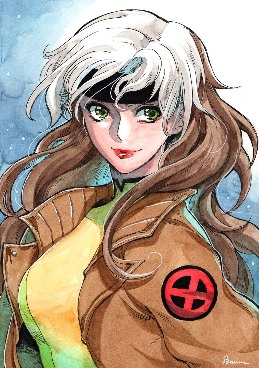 1girl bodysuit brown_hair dyed_bangs green_bodysuit green_eyes headband highres jacket leather leather_jacket lipstick long_hair makeup marvel multicolored_bodysuit multicolored_clothes multicolored_hair painting_(medium) rogue_(x-men) sao_(saowee) solo superhero traditional_media two-tone_hair watercolor_(medium) white_hair x-men yellow_bodysuit