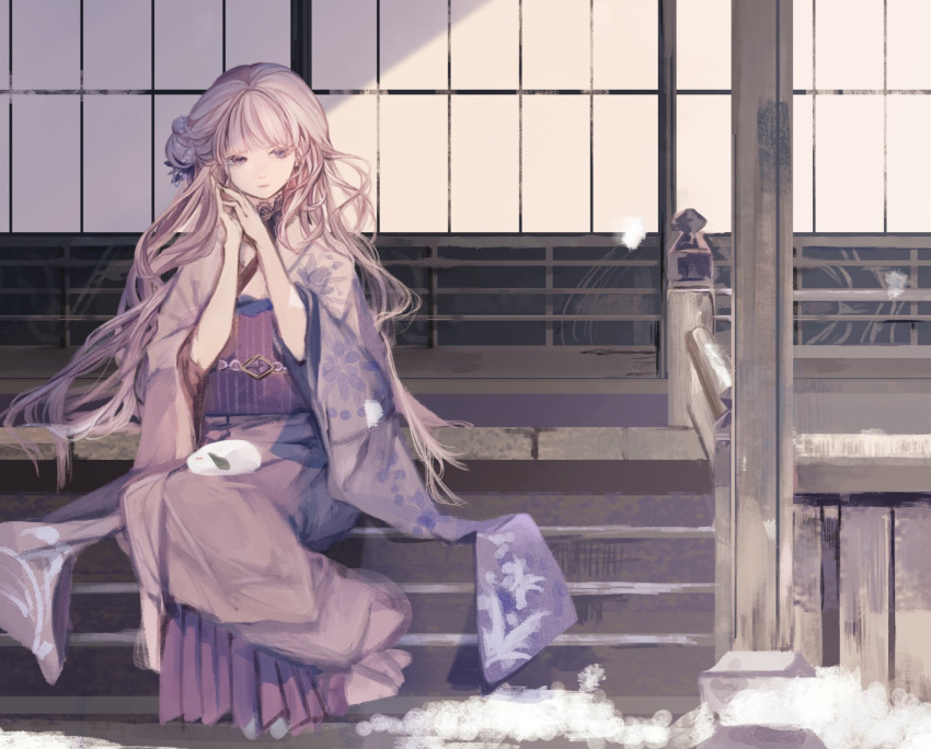 1girl blunt_bangs c_cand1e closed_mouth diamond_(shape) expressionless floral_print_kimono gem hair_bun highres japanese_clothes kimono long_hair looking_at_viewer obi original outdoors own_hands_together purple_eyes purple_gemstone purple_hair purple_kimono purple_sash rabbit sash shouji sitting sleeping_animal sliding_doors snow solo wide_sleeves winter wooden_stairs