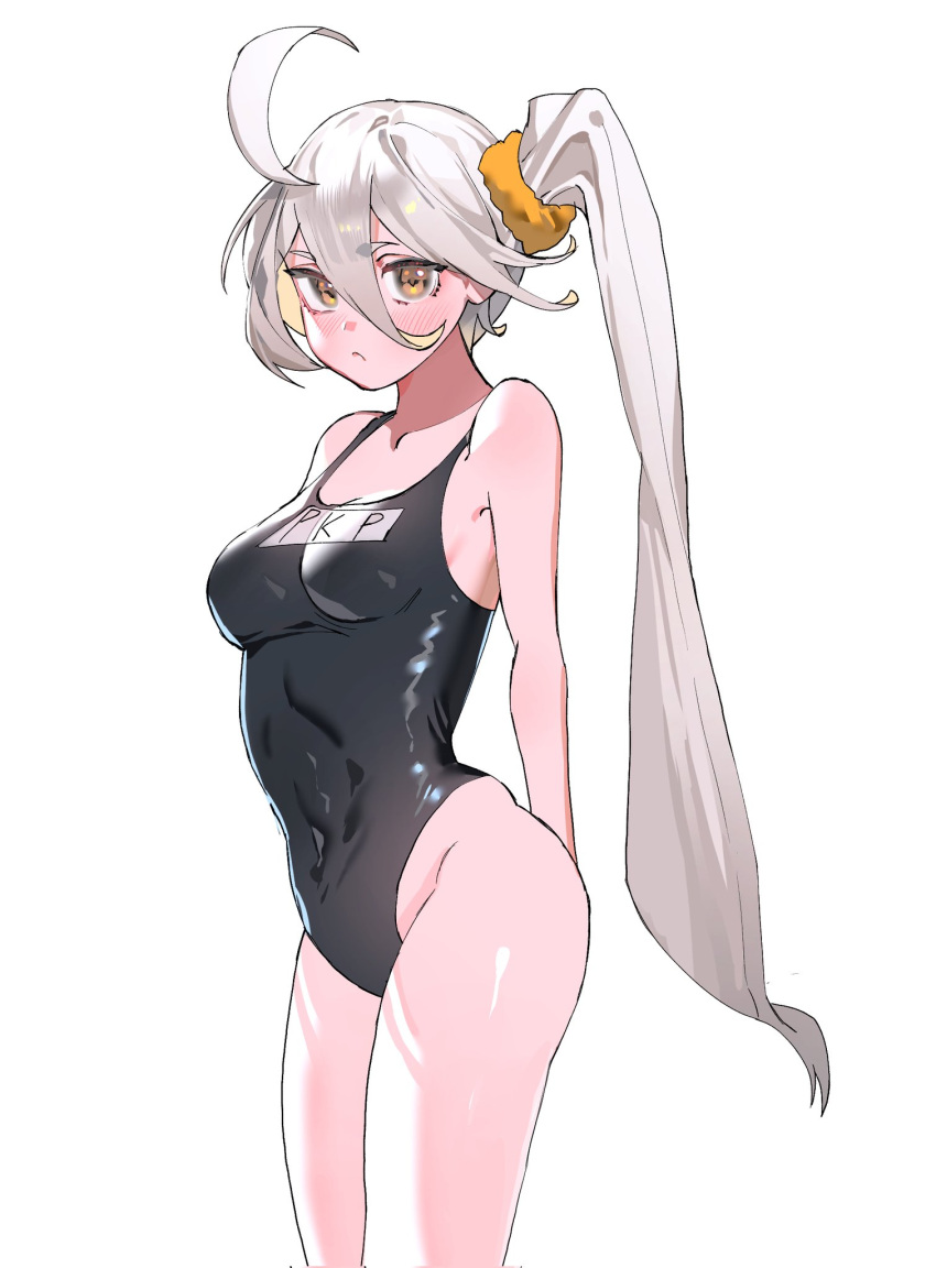 1girl :c ahoge alternate_costume arms_behind_back blush breasts character_name commentary covered_navel cowboy_shot girls'_frontline hair_between_eyes highleg highleg_swimsuit highres long_hair looking_at_viewer medium_breasts pkp_(girls'_frontline) school_swimsuit scrunchie side_ponytail solo swimsuit white_background white_hair yellow_eyes yellow_scrunchie yongsadragon