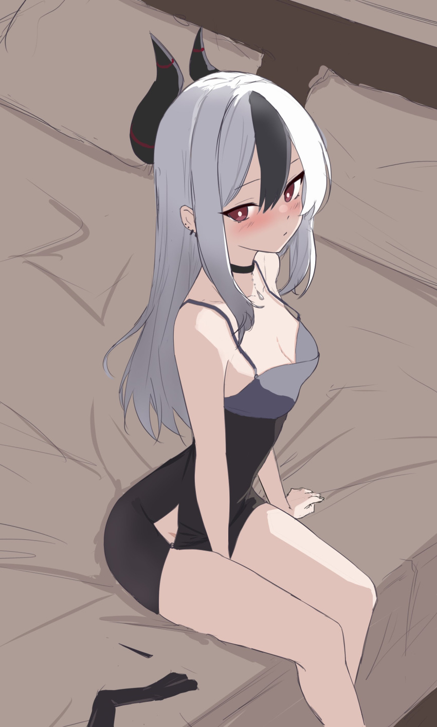 1girl absurdres bare_shoulders bed black_choker black_dress black_hair blue_archive blush breasts choker dress ear_piercing genso_(thereisnosauce) grey_hair hair_between_eyes highres horns kayoko_(blue_archive) kayoko_(dress)_(blue_archive) long_hair looking_at_viewer medium_breasts multicolored_hair no_halo official_alternate_costume on_bed piercing red_eyes short_dress sitting sleeveless sleeveless_dress solo spaghetti_strap