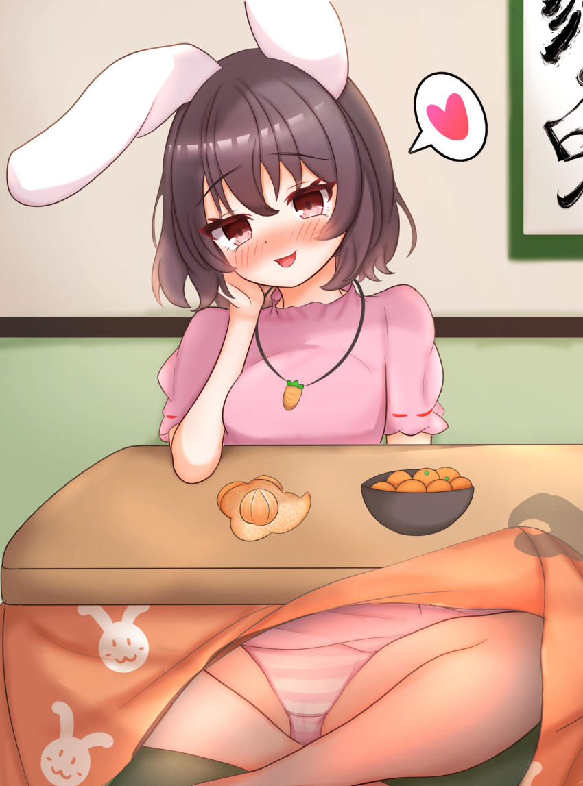 1girl animal_ears animal_print black_hair blush bowl breasts brown_eyes carrot_necklace commentary_request floppy_ears food fruit hand_on_own_cheek hand_on_own_face hanging_scroll head_tilt heart highres inaba_tewi jewelry kasoka_soka kotatsu looking_at_viewer mandarin_orange medium_bangs medium_breasts necklace nose_blush open_mouth panties pink_panties rabbit_ears rabbit_girl rabbit_print scroll short_hair sitting smile solo spoken_heart striped_clothes striped_panties table touhou underwear white_panties