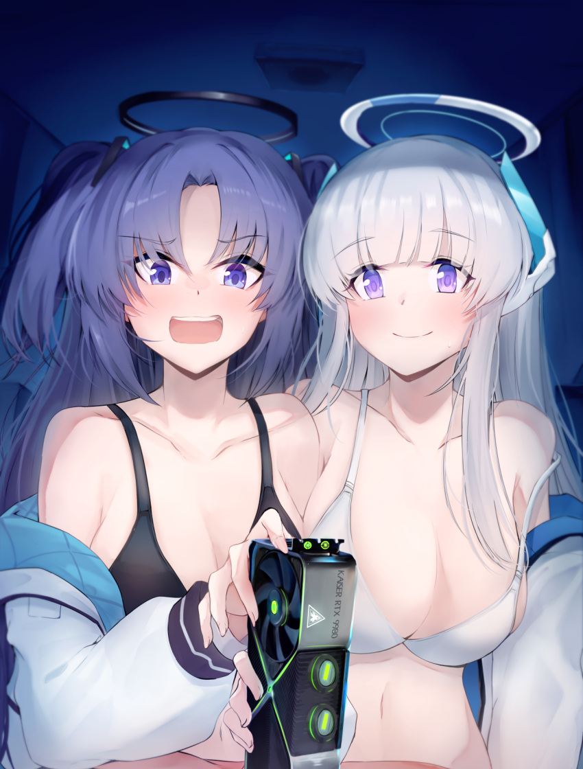 2girls black_bra blue_archive blush bra breasts collarbone commentary_request graphics_card grey_hair halo highres indoors jacket large_breasts long_hair long_sleeves looking_at_viewer mechanical_halo multiple_girls nakatokung navel noa_(blue_archive) open_clothes open_jacket open_mouth purple_eyes purple_hair two_side_up underwear white_bra white_jacket yuuka_(blue_archive)