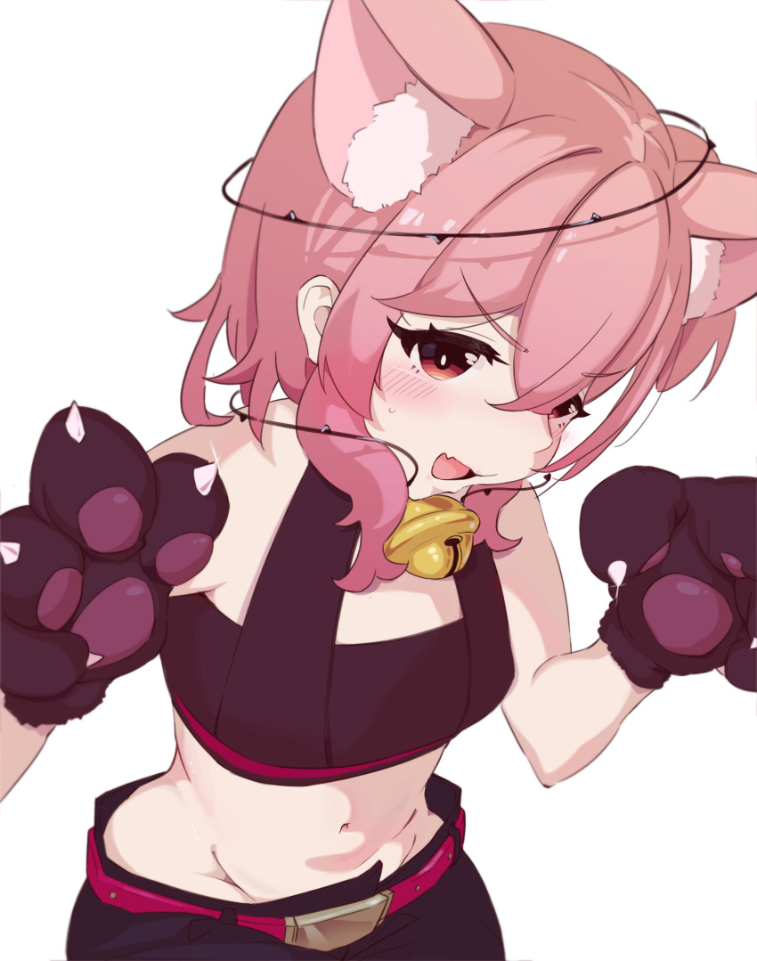 absurdres animal_ear_fluff animal_ears animal_hands bare_shoulders blush breasts cat_day cat_ears cat_paws english_commentary fake_animal_ears fake_claws fang glint gloves hair_between_eyes halo hdukl highres medium_hair midriff navel nijisanji nijisanji_en open_mouth paw_gloves paw_pose pink_hair plant red_eyes rosemi_lovelock rosemi_lovelock_(4th_costume) simple_background skin_fang small_breasts stomach sweatdrop thorns vines white_background