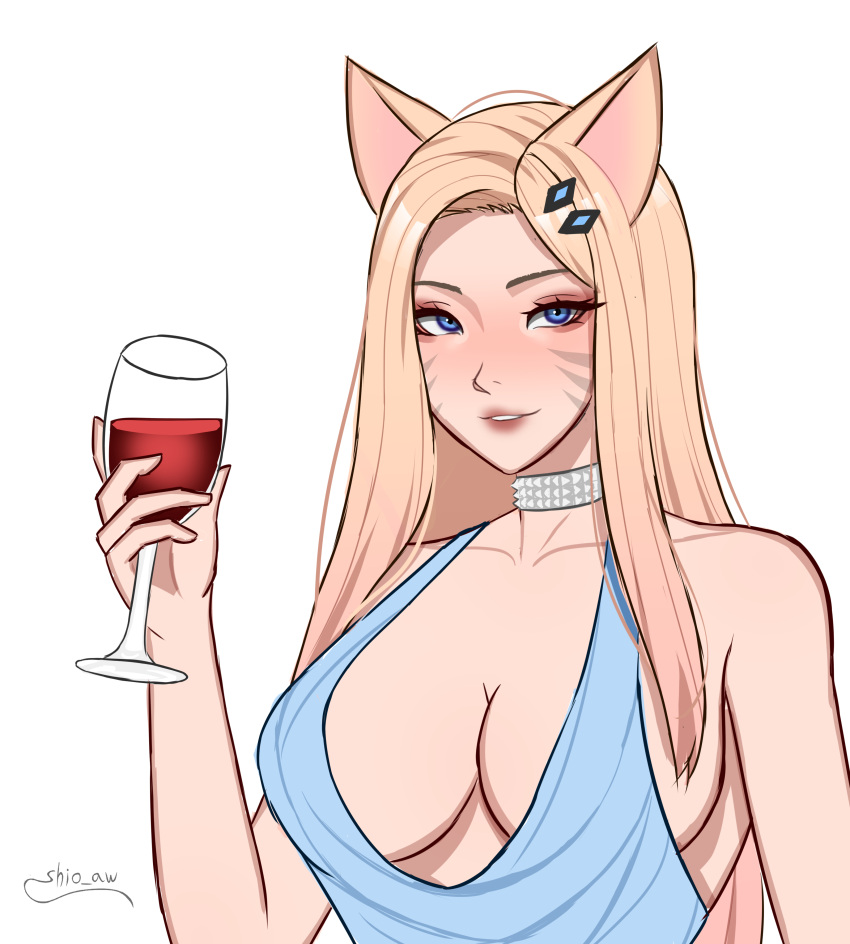 1girl absurdres ahri_(league_of_legends) alcohol animal_ears artist_name bare_shoulders blonde_hair blue_dress breasts cleavage collar collarbone commentary cup dress english_commentary fox_ears hair_ornament highres holding holding_cup k/da_(league_of_legends) k/da_ahri large_breasts league_of_legends long_hair looking_at_viewer shio_aw smile solo teeth upper_body wine