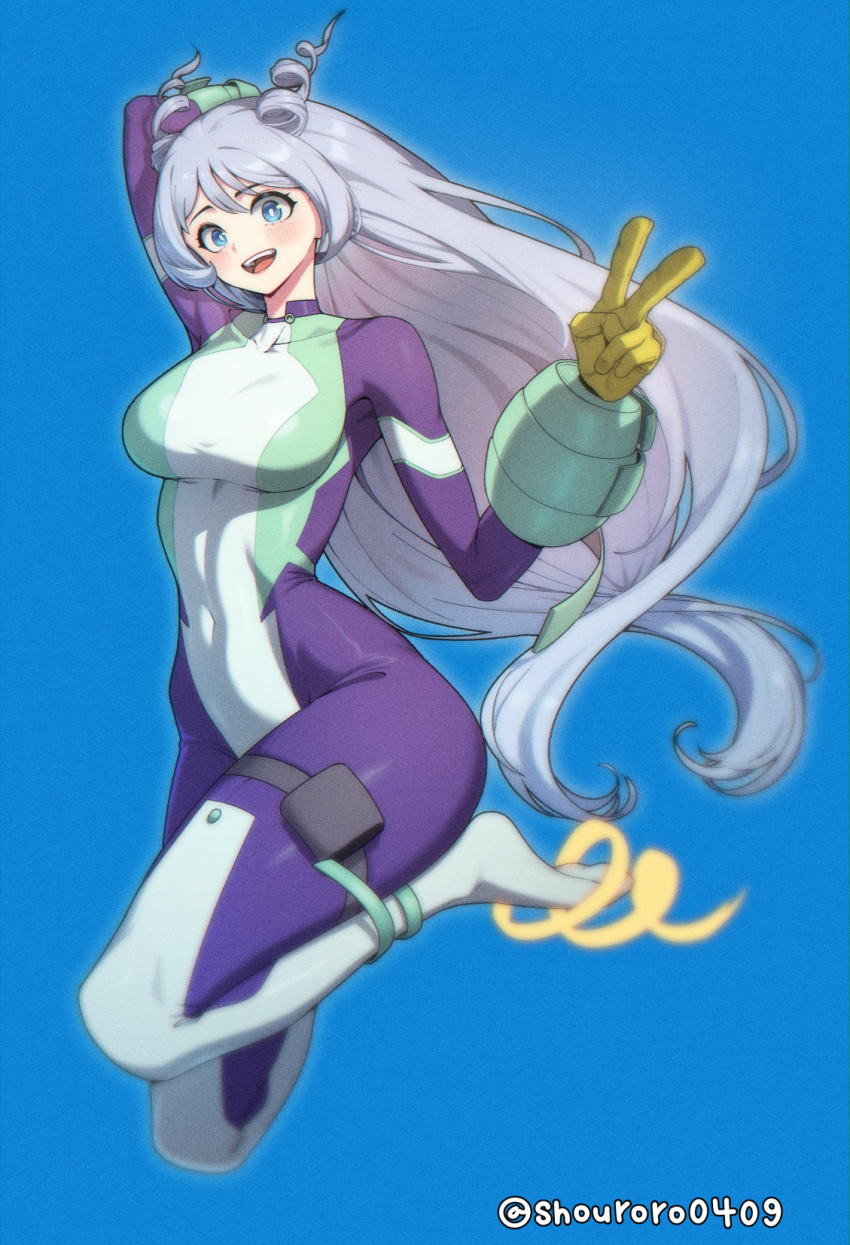 1girl arm_up blue_background blue_bodysuit blue_eyes blue_hair bodysuit boku_no_hero_academia covered_navel full_body gloves green_bodysuit hadou_nejire hair_horns hand_up highres long_hair looking_at_viewer multicolored_bodysuit multicolored_clothes open_mouth shouroro simple_background solo superhero twitter_username v yellow_gloves