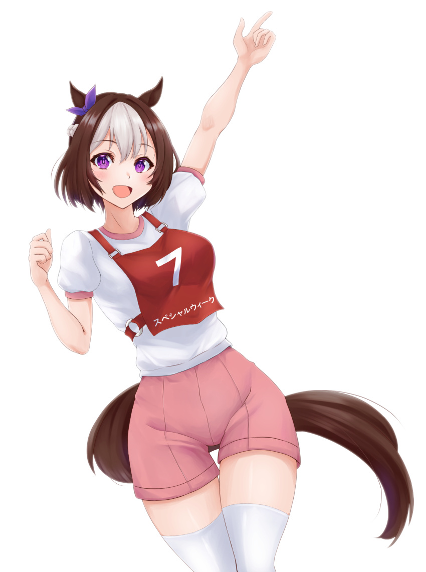 1girl animal_ears arm_up bob_cut braid brown_hair character_name commentary cowboy_shot crown_braid ear_ribbon gym_shirt gym_shorts gym_uniform highres horse_ears horse_girl horse_tail index_finger_raised kemuri_(etep3372) looking_at_viewer multicolored_hair open_mouth pink_shirt purple_eyes race_bib shirt short_hair short_sleeves shorts simple_background smile solo special_week_(umamusume) standing t-shirt tail thigh_gap thighhighs translated two-tone_hair umamusume white_background white_hair white_shirt white_thighhighs wide_hips