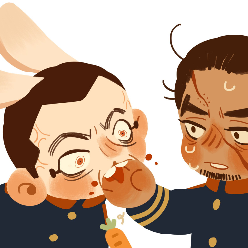 2boys animal_ears biting biting_another's_hand blood blue_jacket bright_pupils brown_eyes brown_hair carrot chengongzi123 closed_mouth constricted_pupils deformed facial_hair goatee_stubble golden_kamuy hand_up highres holding holding_carrot jacket kemonomimi_mode long_sleeves looking_at_another male_focus military_uniform multiple_boys orange_eyes rabbit_ears raised_eyebrows rikimatsu_ariko scar scar_on_face short_hair simple_background stubble sweat thick_eyebrows trembling uniform upper_body usami_tokishige veins very_short_hair white_background