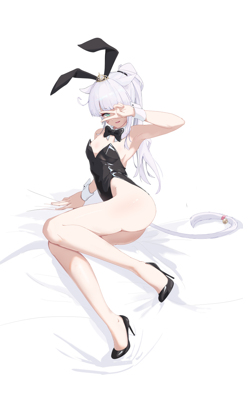 1girl absurdres animal_ears arm_support arm_up armpits ass bare_arms bare_legs bare_shoulders bed_sheet bell black_footwear black_leotard blue_eyes blunt_bangs bow bowtie breasts cat_ears cat_girl cat_tail cleavage covered_navel covering_one_eye dch6898013 detached_collar facial_mark fake_animal_ears final_fantasy final_fantasy_xiv full_body high_heels highleg highleg_leotard highres jingle_bell legs leotard long_hair looking_at_viewer miqo'te no_legwear open_mouth playboy_bunny ponytail rabbit_ears simple_background sitting slit_pupils small_breasts smile solo strapless strapless_leotard tail tail_bell tail_ornament thighs tiara v warrior_of_light_(ff14) white_background white_hair wrist_cuffs yokozuwari