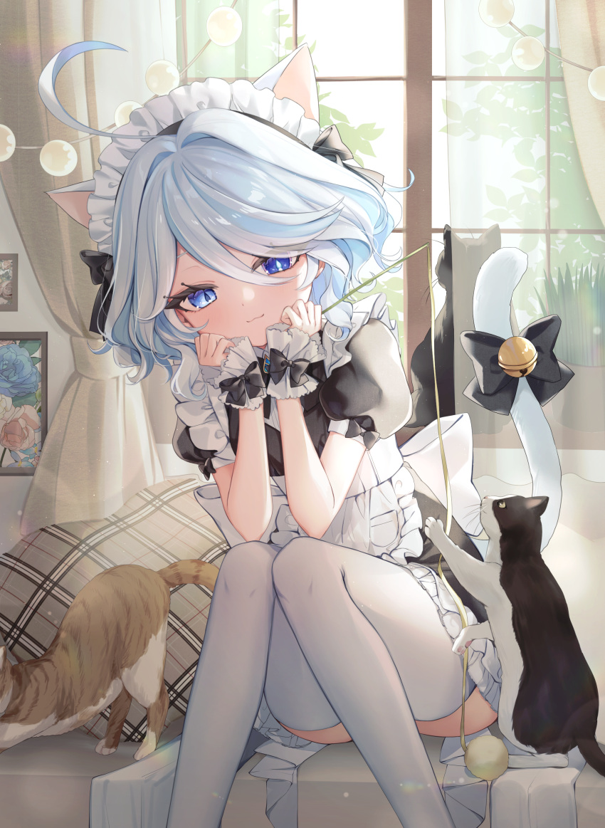 1girl :3 absurdres alternate_costume animal_ears apron arms_on_knees black_cat black_dress blue_eyes blue_hair brown_cat cat cat_ears cat_girl cat_tail cat_teaser couch cowlick curtains dress drop-shaped_pupils enmaided frilled_apron frills furina_(genshin_impact) genshin_impact hands_on_own_face hands_up heterochromia highres indoors ineka_ka light_blue_hair looking_at_animal maid maid_apron maid_headdress on_couch pantyhose puffy_sleeves short_hair symbol-shaped_pupils tail thighhighs waist_apron wavy_hair white_apron white_pantyhose white_thighhighs window wrist_cuffs