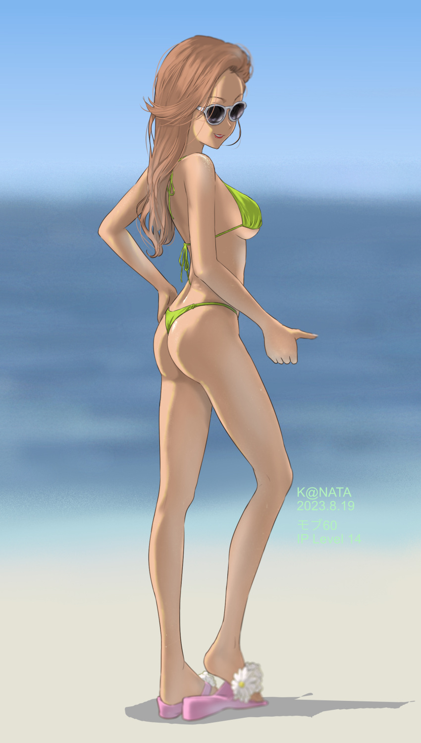 1girl absurdres beach bikini brown_hair dated day full_body green_bikini hand_on_own_hip highres lipstick looking_at_viewer makeup original outdoors sand sandals shadow solo standing sunglasses swimsuit white-framed_eyewear y.kami_nao/take
