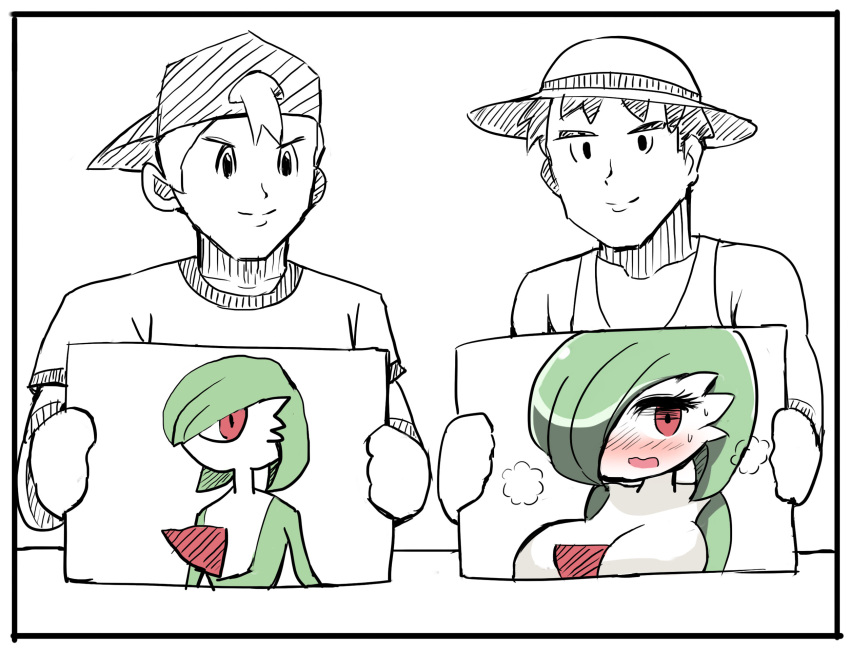 1girl 2boys baseball_cap blush bob_cut breasts colored_skin commentary_request diz_(diznaoto) drawing_(object) gardevoir green_hair hair_over_one_eye hat heavy_breathing highres holding_drawing large_breasts multicolored_skin multiple_boys pink_eyes pokemon pokemon_(creature) shirt simple_background sketch smile sweatdrop two-tone_skin white_background white_skin
