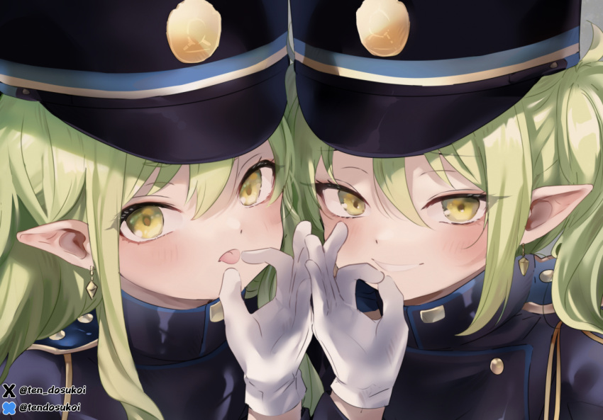 2girls black_hat black_shirt blue_archive blush earrings gloves green_hair hat highlander_sidelocks_conductor_(blue_archive) highlander_twintails_conductor_(blue_archive) jewelry juurouta long_hair long_sleeves looking_at_viewer multiple_girls peaked_cap pointy_ears shirt sidelocks tongue tongue_out twintails twitter_username white_gloves yellow_eyes