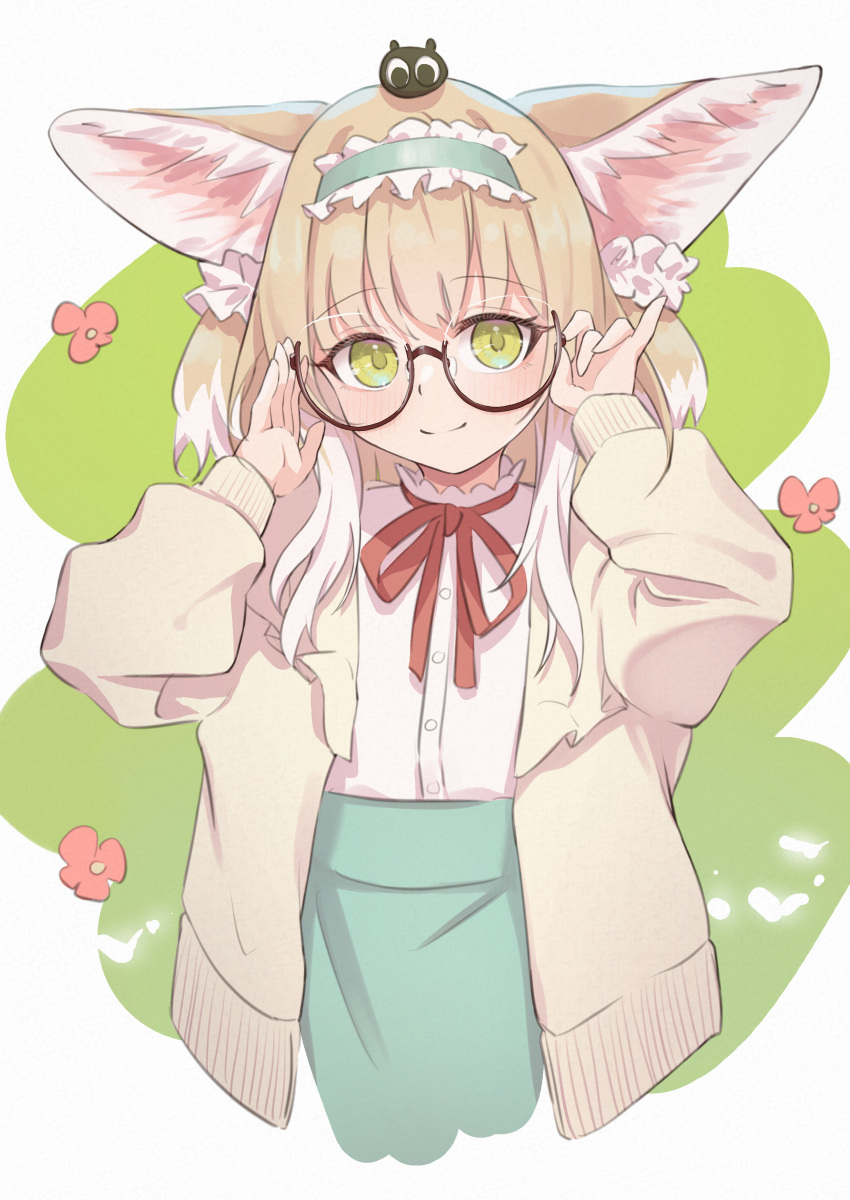 1girl absurdres adjusting_eyewear animal_ears arknights bespectacled blonde_hair blue_hairband cardigan closed_mouth commentary cowboy_shot cropped_legs fox_ears frilled_hairband frills glasses green_eyes hairband hand_on_eyewear heixiu highres large_ears looking_at_viewer official_alternate_costume on_head open_cardigan open_clothes semi-rimless_eyewear shirt shirt_tucked_in simple_background smile solo suzuran_(arknights) suzuran_(spring_praise)_(arknights) symbol-only_commentary under-rim_eyewear variant_set white_shirt yakurope-moko