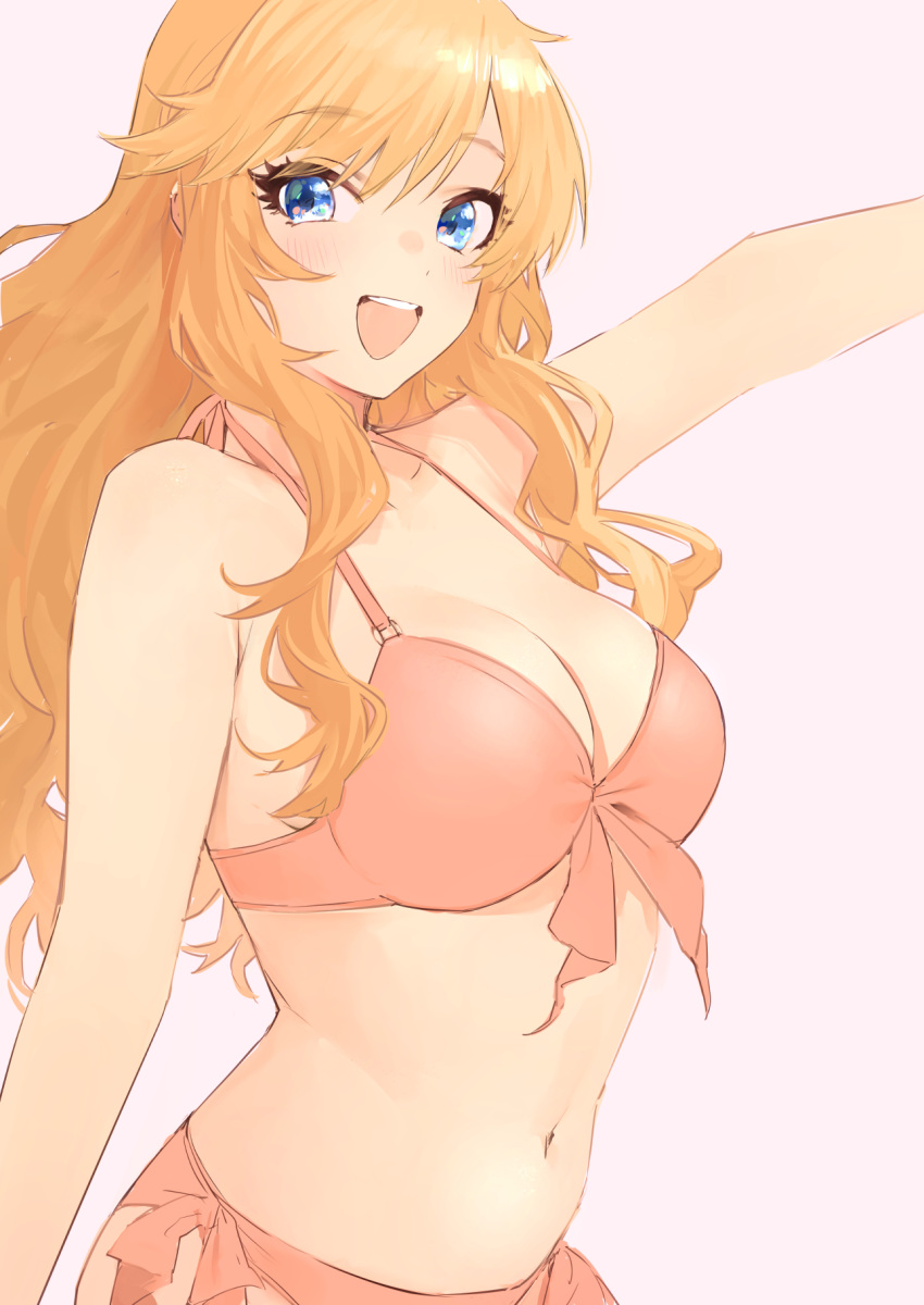 1girl arm_up bikini blonde_hair blue_eyes blush breasts cleavage goshiki_suzu highres idolmaster idolmaster_cinderella_girls long_hair looking_at_viewer looking_to_the_side medium_breasts navel ohtsuki_yui pink_bikini simple_background smile solo stomach swimsuit teeth upper_teeth_only very_long_hair