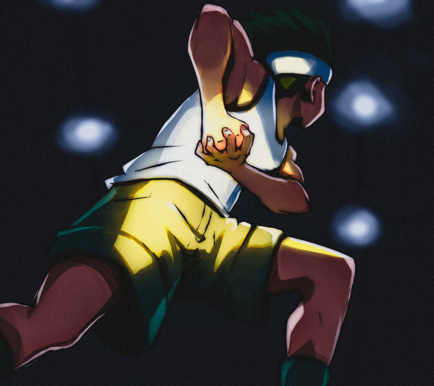 1boy black_background child clenched_hand fighting_stance fist_in_hand gon_freecss green_hair green_shorts headband highres hunter_x_hunter lights male_focus shorts simple_background spiked_hair tank_top titanartx white_headband white_tank_top