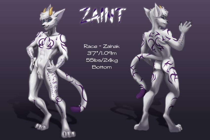 animal_genitalia anthro athletic beebubz digitigrade fully_sheathed fur fur_markings genitals hi_res horn male markings nude purple_markings sheath solo white_body white_fur zaint zalnak