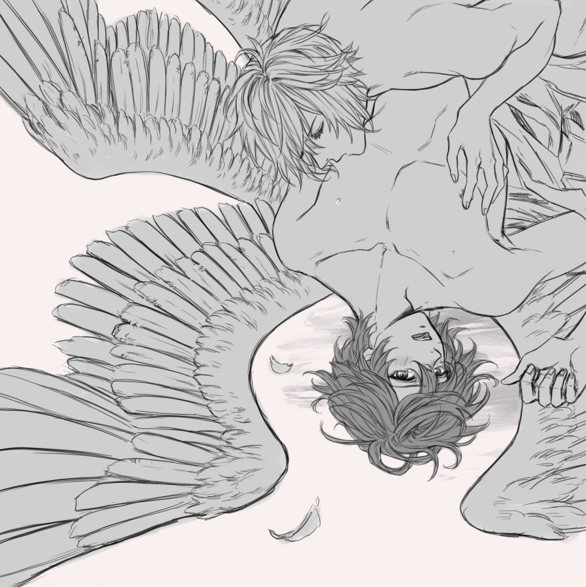 2boys ahoge arm_up blush breast_sucking closed_eyes completely_nude english_commentary falling_feathers feathers grabbing granblue_fantasy greyscale hair_between_eyes highres hihazuki lucifer_(shingeki_no_bahamut) male_focus messy_hair moaning monochrome multiple_boys multiple_wings nipples nude parted_lips pectoral_grab pectorals sandalphon_(granblue_fantasy) simple_background sketch unfinished upside-down white_background wings yaoi