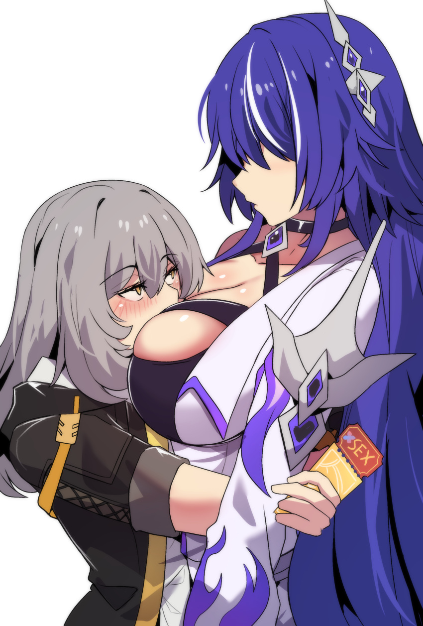 2girls absurdres acheron_(honkai:_star_rail) between_breasts black_choker black_jacket breasts choker coat commentary face_between_breasts grey_hair hair_ornament halterneck head_between_breasts highres hinghoi holding honkai:_star_rail honkai_(series) jacket large_breasts long_hair multicolored_hair multiple_girls purple_hair star_rail_special_pass_(honkai:_star_rail) stelle_(honkai:_star_rail) streaked_hair trailblazer_(honkai:_star_rail) upper_body very_long_hair white_coat white_hair yellow_eyes yuri