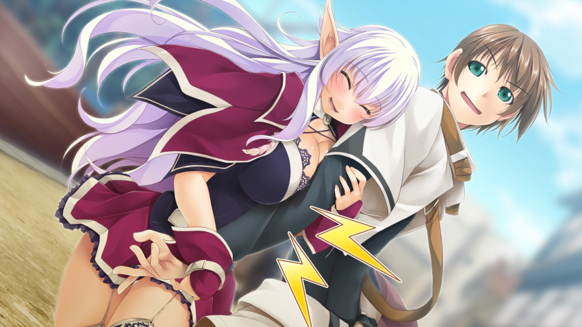 1boy 1girl ^_^ alto_travers arm_hug atelier-moo belt blush breasts brown_hair cleavage cloak closed_eyes dark_elf elf green_eyes hair_between_eyes highres joint_lock large_breasts long_hair long_pointy_ears long_sleeves miniskirt narrow_waist open_mouth pointy_ears purple_cloak purple_hair short_hair silvia_milsteen skirt smile standing tooth very_long_hair wizards_symphony zettai_ryouiki