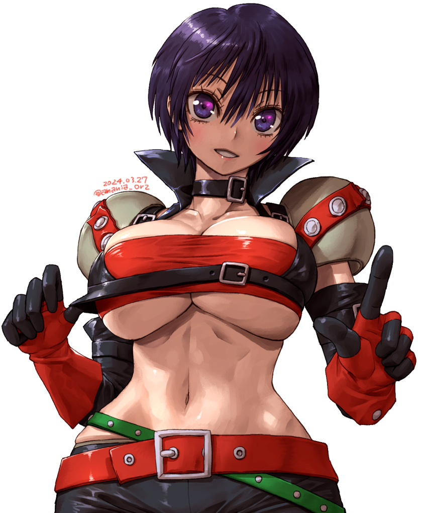 1girl amania_orz belt black_choker black_hair breasts choker cleavage dated gloves highres huge_breasts looking_at_viewer midriff navel parted_lips purple_eyes rutee_katrea shiny_skin short_hair simple_background smile solo strap_pull tales_of_(series) tales_of_destiny teeth twitter_username underboob white_background