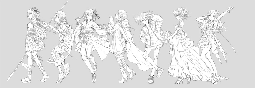 6+girls absurdres boots cape character_request dress egoist flower glasses greyscale hair_flower hair_ornament high_heels highres idol_clothes jacket japanese_clothes kimono monochrome multiple_girls open_clothes open_jacket pleated_skirt real_life redjuice shoes simple_background skirt sneakers standing