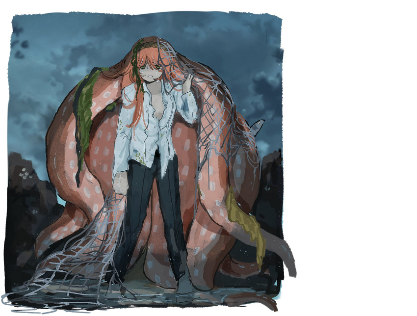 1girl barnacle black_pants cloud cloudy_sky collared_shirt fishing_net full_body green_eyes highres ishmael_(project_moon) limbus_company long_hair long_sleeves looking_at_viewer ngancurindunia orange_hair pants parted_lips project_moon rock seaweed shirt sky solo tentacle_hair very_long_hair white_shirt