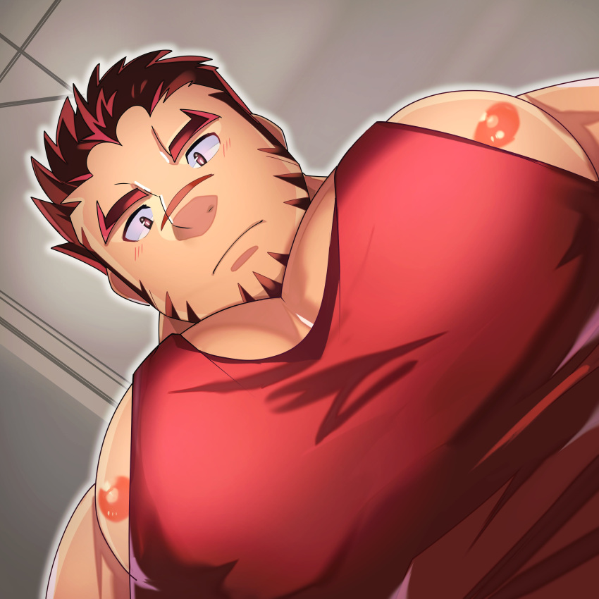 1boy absurdres akashi_(live_a_hero) bara blank_stare facial_hair foreshortening from_below goatee highres large_pectorals live_a_hero looking_at_viewer looking_down male_focus meme muscular muscular_male nipple_slip nipples pectoral_cleavage pectoral_focus pectorals photo-referenced ramusyutarou red_eyes red_hair red_tank_top scar scar_on_face scar_on_nose short_hair sidepec solo tank_top thick_eyebrows upper_body yur_oc_like_this_(meme)