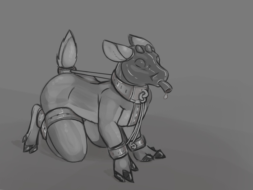2022 adeer all_fours anthro arms_tied bdsm bondage bound cloven_hooves collar countershade_legs countershade_tail countershade_torso countershading cuff_(restraint) deer dewclaw_hooves ears_back female frogtied gimp_mask greyscale hoof_hands hooves horn kneeling legs_tied male mammal mask monochrome nude pivoted_ears restraints saliva_drop short_tail small_horn solo tail tail_bondage tail_tied unguligrade