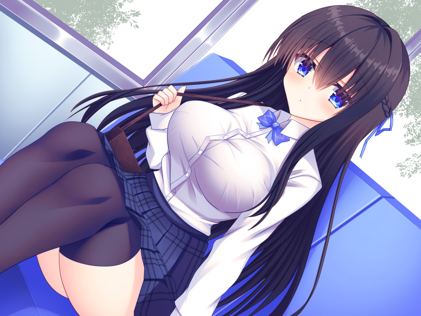 1girl absurdres bag black_hair black_skirt black_thighhighs blue_bow blue_bowtie blue_eyes blush bow bowtie breasts collared_shirt commentary_request dot_mouth dutch_angle hair_between_eyes highres large_breasts legs_together long_hair long_sleeves looking_at_viewer original pleated_skirt school_bag school_uniform shirt shitou_kazuaki sidelocks sitting skirt solo thighhighs uniform white_shirt window