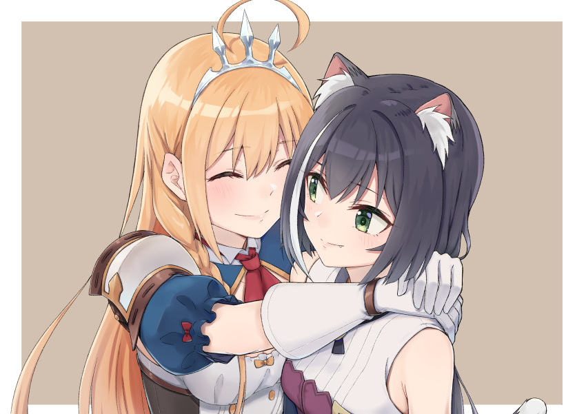 2girls absurdres ahoge animal_ear_fluff animal_ears armor arms_around_neck black_hair blonde_hair blue_sleeves border cat_ears cat_tail closed_eyes closed_mouth diadem elbow_gloves fang fang_out gloves green_eyes grey_background highres hug k-ya. karyl_(princess_connect!) long_hair multiple_girls pecorine_(princess_connect!) princess_connect! shirt short_sleeves shoulder_armor sleeveless sleeveless_shirt tail very_long_hair white_border white_gloves white_shirt