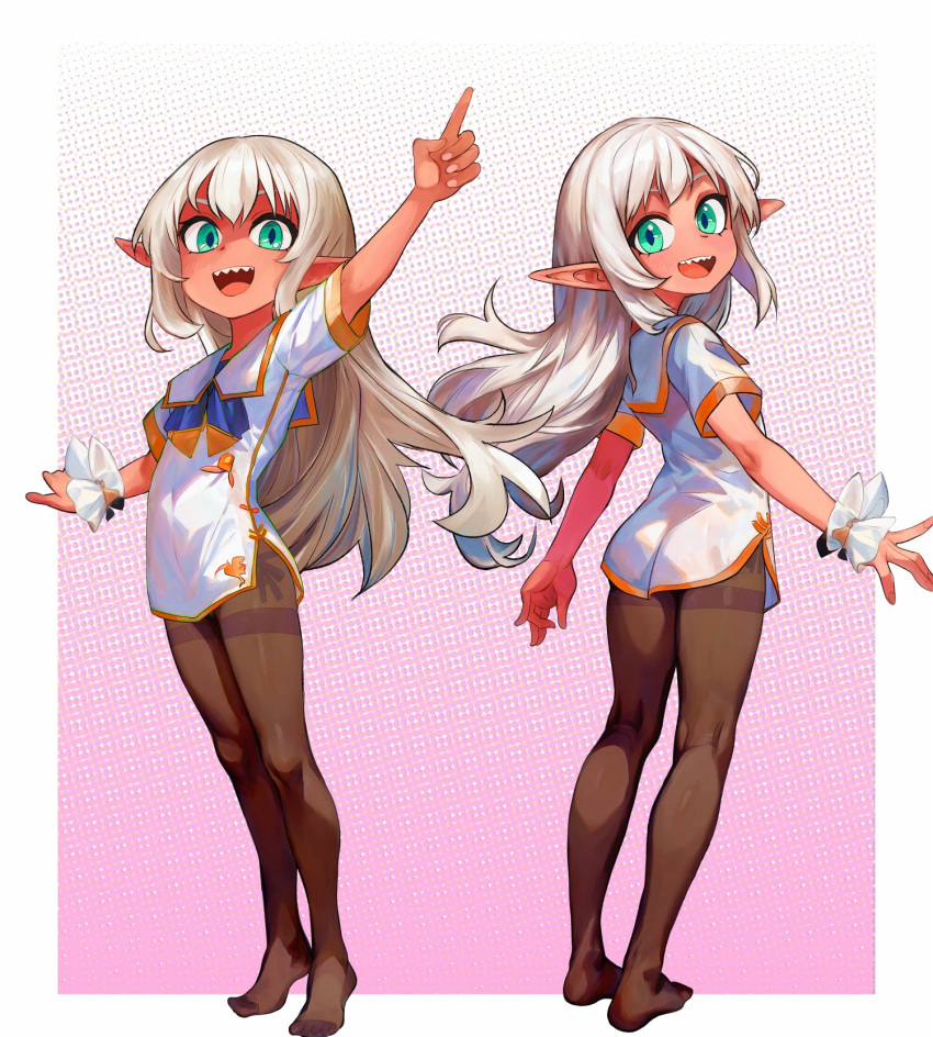 2girls ass check_copyright copyright_request dress elf feet flat_chest full_body green_eyes grey_hair highres legs long_hair looking_at_viewer multiple_girls no_shoes open_mouth original pantyhose pointing pointing_up pointy_ears sailor_dress sharp_teeth short_dress siblings sisters smile tan teeth thighband_pantyhose toes tsukiyono_aroe twins white_dress