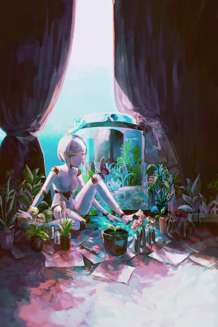 1girl absurdres android bug butterfly closed_mouth commentary_request curtains doll_joints flower highres joints knee_up looking_at_viewer n1on nude original paper pencil plant potted_plant robot_girl robot_joints short_hair sitting solo sunlight vase white_hair