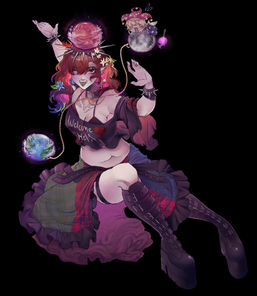 2girls black_background black_footwear bracelet breasts cleavage clothes_writing clownpiece commentary ear_piercing earth_(ornament) english_commentary fangs flower flying_sweatdrops full_body hair_flower hair_ornament hat hecatia_lapislazuli highres jester_cap jewelry looking_at_viewer medium_hair moon_(ornament) multicolored_clothes multicolored_skirt multiple_girls pendant piercing pointy_ears red_eyes red_hair simple_background skirt souiine spiked_bracelet spikes touhou