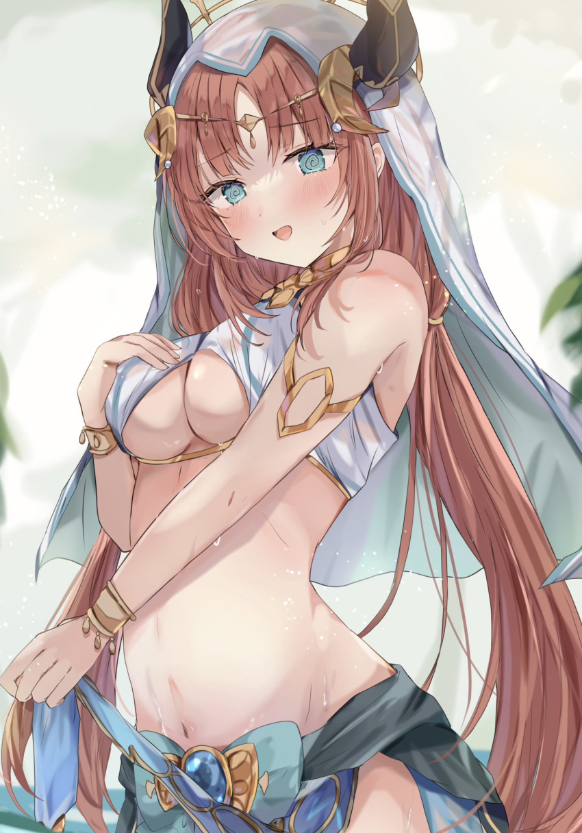 1girl @_@ aqua_bow aqua_eyes aqua_sarong arabian_clothes armlet bare_shoulders black_horns blue_gemstone blurry bow breasts commentary crop_top dancer depth_of_field fake_horns gem genshin_impact gold_trim hand_on_own_chest hashtag_only_commentary highres horns low_twintails maruro medium_breasts navel nilou_(genshin_impact) open_mouth parted_bangs red_hair sarong smile solo twintails underboob upper_body veil