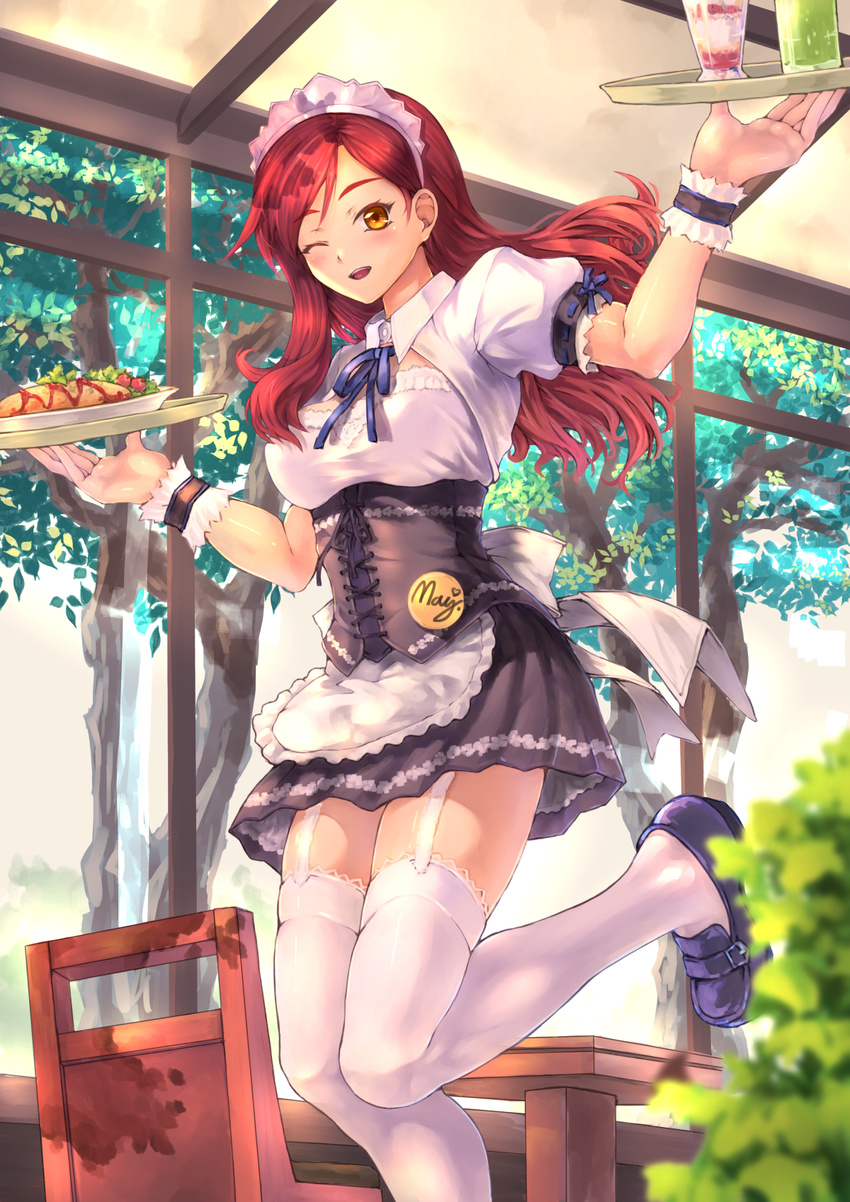 ;d apron bangs black_skirt blue_footwear blue_ribbon buttons chair corset cup cursive drink drinking_glass follen_(639594) food garter_straps highres holding indoors lace lace-trimmed_thighhighs leg_up loafers long_hair looking_at_viewer maid maid_apron maid_headdress name_tag one_eye_closed open_mouth original parted_lips pleated_skirt red_hair ribbon shirt shoes skirt smile solo standing swept_bangs table thighhighs tray tree underbust waitress white_legwear white_shirt wing_collar yellow_eyes zettai_ryouiki