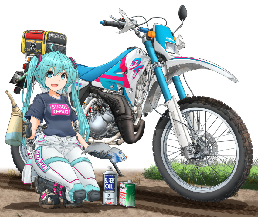 1girl aqua_eyes aqua_hair black_footwear black_gloves black_shirt book boots clothes_writing commentary_request dirt english_text gloves hair_ornament hatsune_miku highres holding holding_book jumpsuit jumpsuit_around_waist knee_pads logo long_hair looking_at_viewer mikeran_(mikelan) motor_vehicle motorcycle oil_can open_mouth partial_commentary romaji_text shadow shirt short_sleeves smile solo squatting t-shirt translated twintails vocaloid white_background white_jumpsuit yamaha