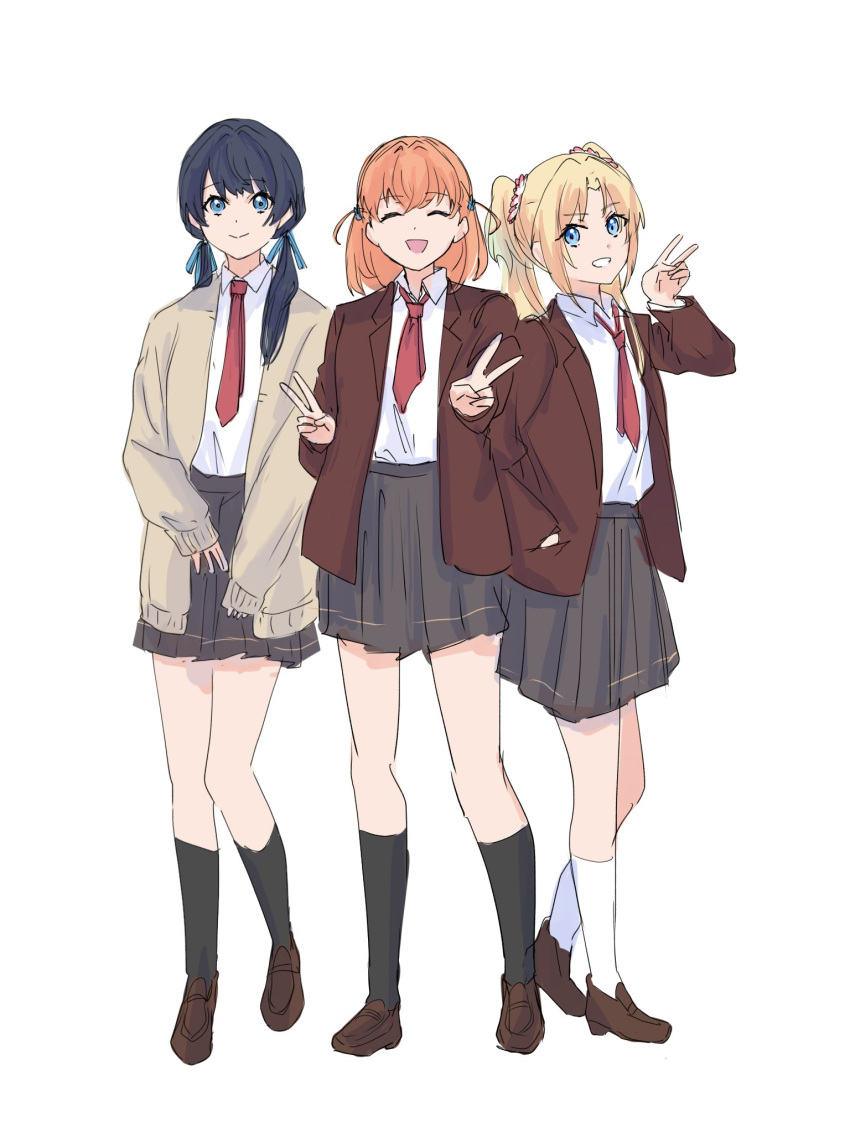 3girls :d alternate_costume ankle_socks black_socks blazer blonde_hair blue_eyes blue_hair blue_ribbon brown_cardigan brown_footwear brown_jacket cardigan closed_eyes collared_shirt crossed_bangs dark_blue_hair double_v full_body grey_skirt grin hair_ornament hair_ribbon highres hinoshita_kaho jacket link!_like!_love_live! loafers long_hair long_sleeves looking_at_viewer love_live! low_twintails medium_hair miniskirt multiple_girls muneta_(ntani_2) murano_sayaka necktie open_clothes open_jacket open_mouth orange_hair osawa_rurino parted_bangs pleated_skirt rabbit_hair_ornament red_necktie ribbon school_uniform shirt shoes sidelocks skirt sleeves_past_wrists smile socks twintails two_side_up v virtual_youtuber white_shirt white_socks