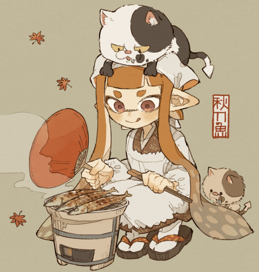 1girl :p animal_on_head apron brown_eyes brown_kimono cat chopsticks closed_mouth commentary_request cooking falling_leaves fish fish_(food) full_body geta green_background grill grilled_fish grilling hand_fan head_scarf highres holding holding_chopsticks holding_fan inkling_girl inkling_player_character japanese_clothes judd_(splatoon) kappougi kimono leaf li'l_judd_(splatoon) long_hair looking_at_food on_head orange_hair p0m4_p0m4 paper_fan pointy_ears shichirin splatoon_(series) squatting steam tentacle_hair tenugui tongue tongue_out translation_request twintails uchiwa very_long_hair