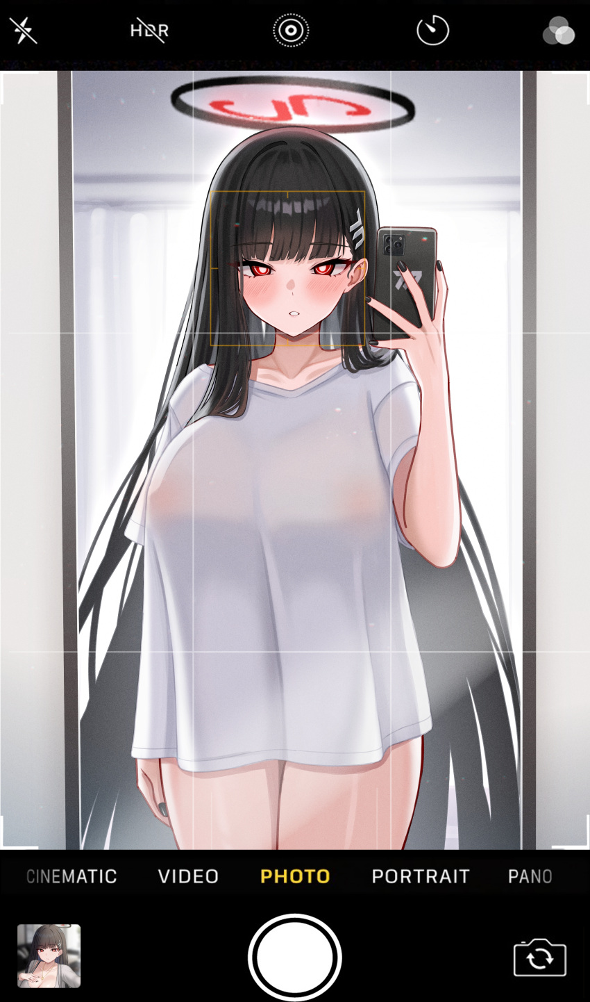 1girl :o absurdres black_hair blue_archive blush breasts cellphone collarbone fingernails full-length_mirror hair_ornament hairclip halo highres holding holding_phone huge_breasts long_hair looking_at_viewer mijikayo mirror nail_polish no_bra no_pants phone red_eyes reflection rio_(blue_archive) selfie shirt solo straight_hair very_long_hair white_shirt