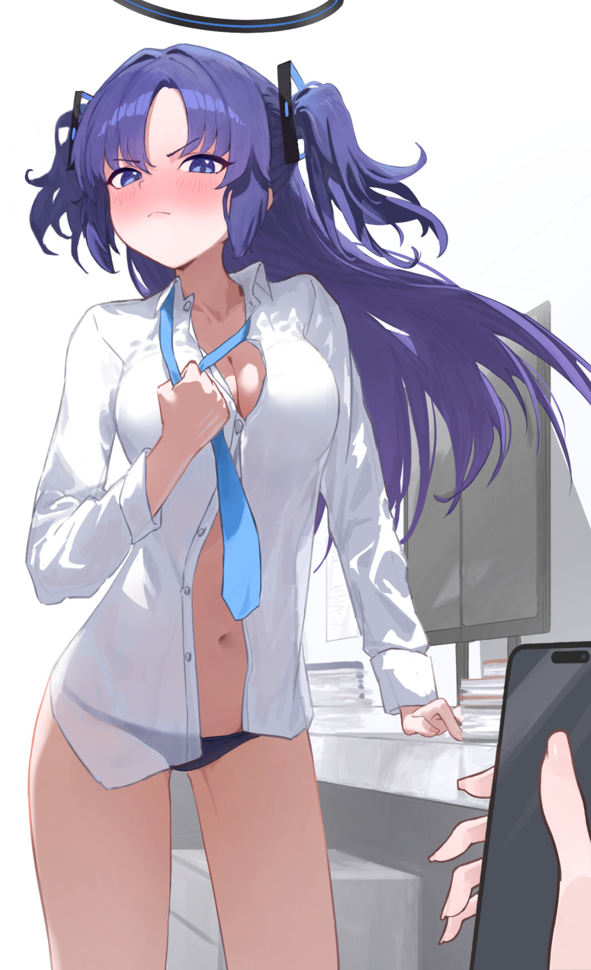 1girl bare_legs black_panties blue_archive blue_eyes blue_necktie blush breasts cellphone cleavage closed_mouth collared_shirt dress_shirt el_tenshi embarrassed floating_hair frown hair_ornament highres holding holding_phone indoors long_hair long_sleeves looking_at_viewer medium_breasts navel necktie open_clothes open_shirt panties phone purple_hair shirt smartphone solo_focus twintails underwear undressing white_shirt wing_collar yuuka_(blue_archive)