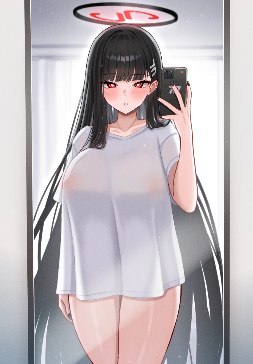 1girl :o absurdres black_hair blue_archive blush breasts cellphone collarbone fingernails full-length_mirror hair_ornament hairclip halo highres holding holding_phone huge_breasts long_hair looking_at_viewer mijikayo mirror nail_polish no_bra no_pants phone red_eyes reflection rio_(blue_archive) selfie shirt solo straight_hair very_long_hair white_shirt