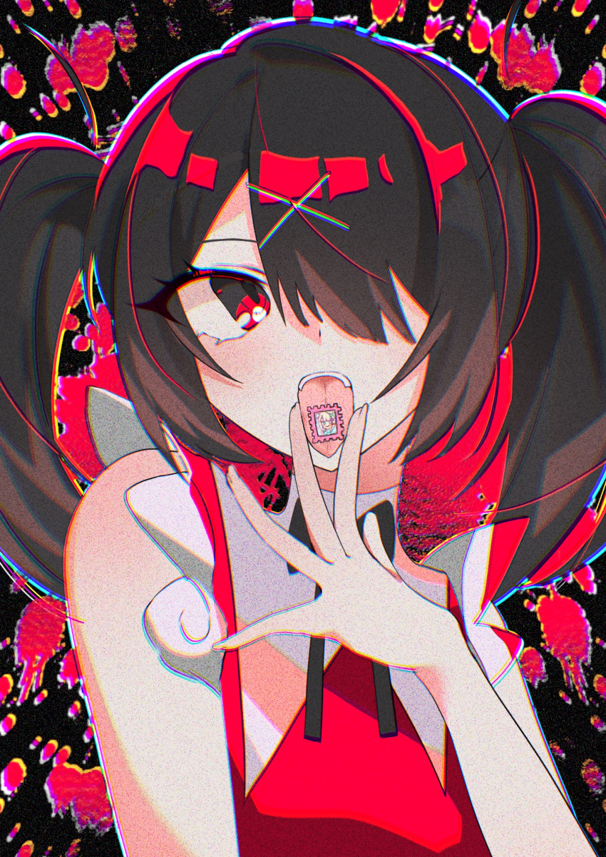 1girl ame-chan_(needy_girl_overdose) black_hair black_ribbon blood blood_splatter chouzetsusaikawa_tenshi-chan chromatic_aberration hair_ornament hair_over_one_eye hand_up highres long_hair lsd neck_ribbon needy_girl_overdose object_on_tongue open_mouth red_eyes red_shirt ribbon shirt solo tongue tongue_out twintails unimattya upper_body x_hair_ornament